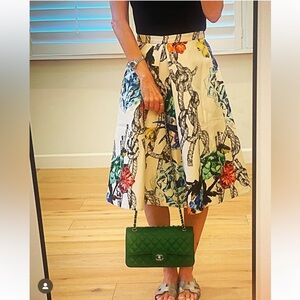 Tibi Cream and Multicolor Floral and Rope Print midi Skirt